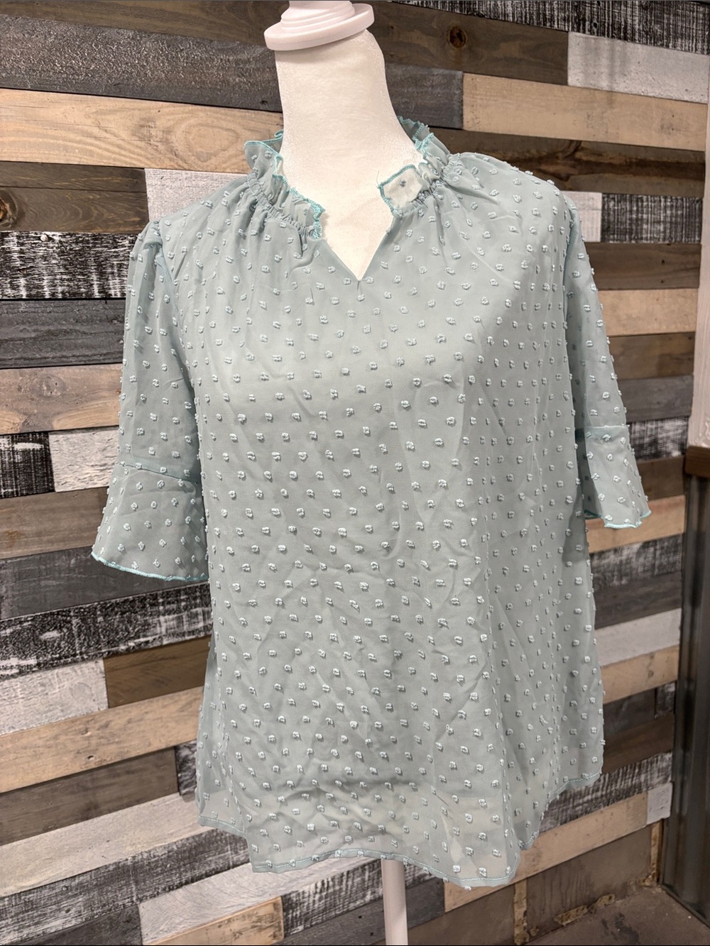 Women’s Swiss Dot Ruffle Neck Top - Light Sage